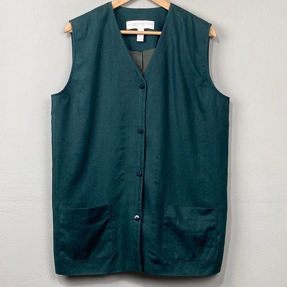 Vintage 90s Valerie Stevens Linen‎ Vest Size 14P Green Minimalist Dark Academia - Picture 1 of 10